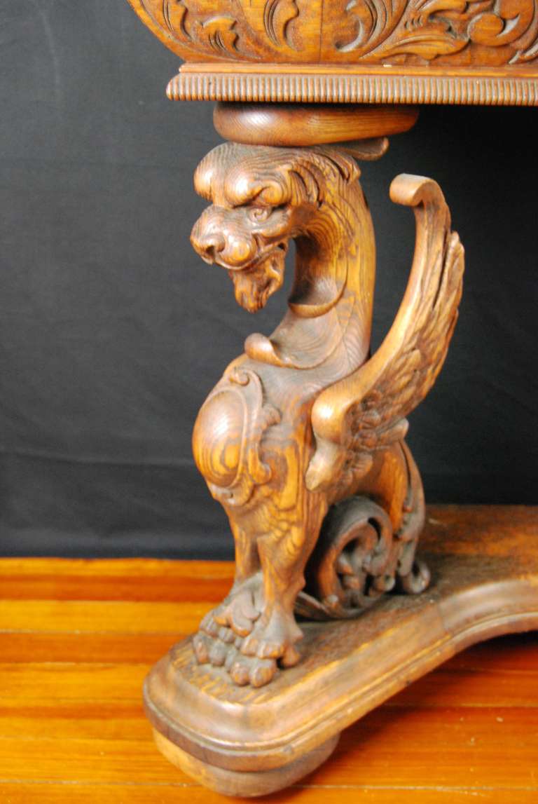 French Antique Carved Oak Griffin Console Table In Good Condition For Sale In Charleston, SC