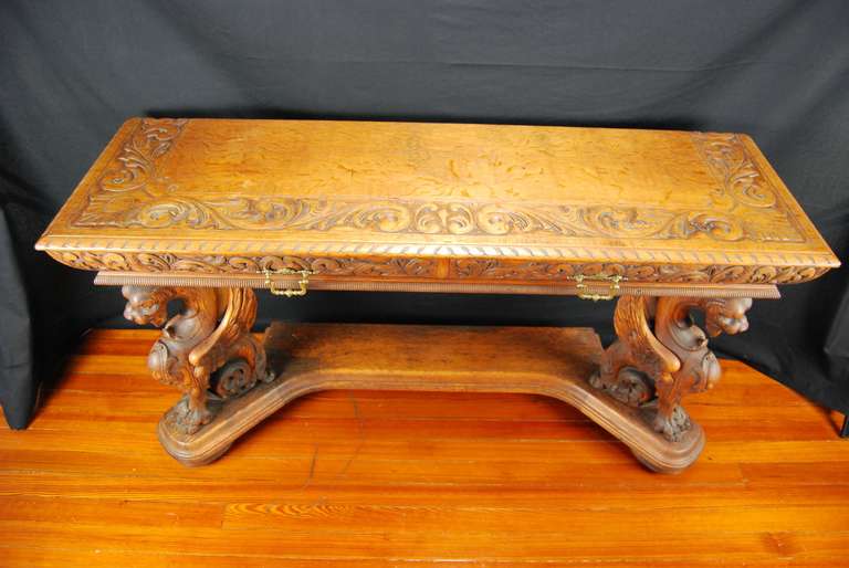 20th Century French Antique Carved Oak Griffin Console Table For Sale