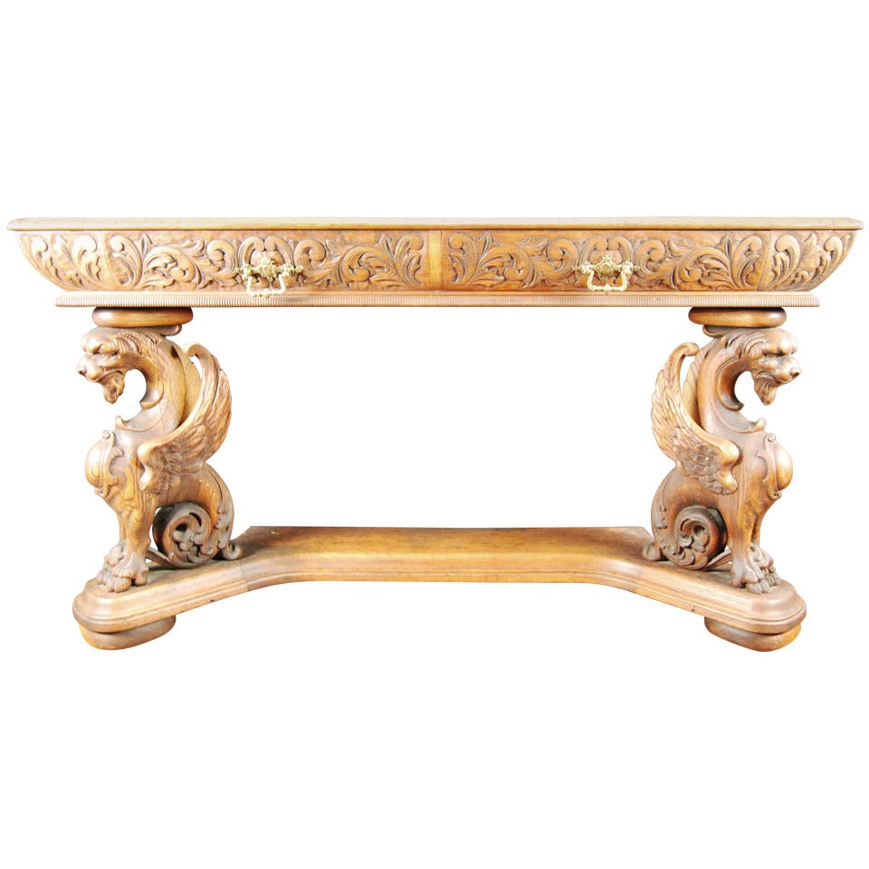French Antique Carved Oak Griffin Console Table For Sale