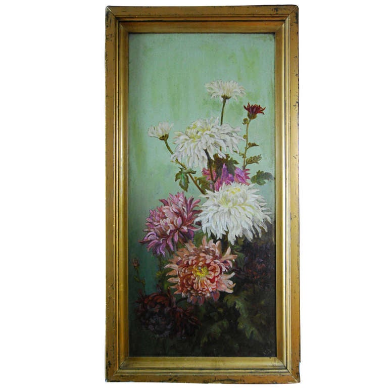 Floral still life Aesthetic Movement oil on tin painting.