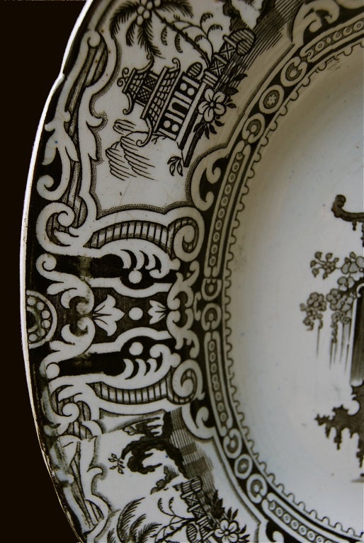 Large Antique Transferware Platter that is very dark brown & white transfer (almost black).