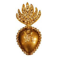 Antique French Gilt Sacred Heart Cachette w/ Paste Stones