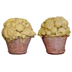 Pair of Terra Cotta Fruit & Flower Basket Garden Ornaments