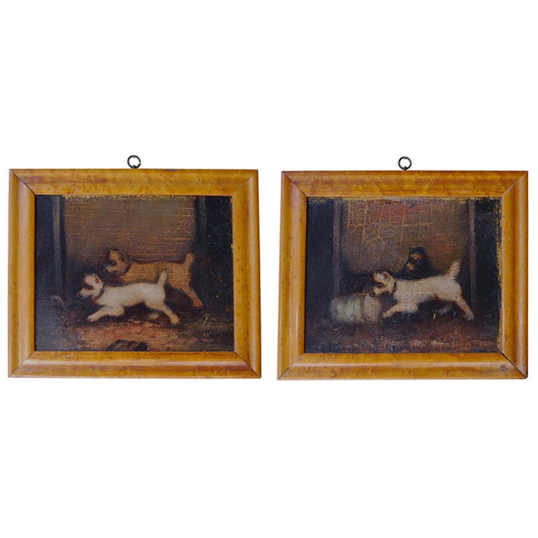Pair of Oil on Board Terrier Dog Paintings For Sale
