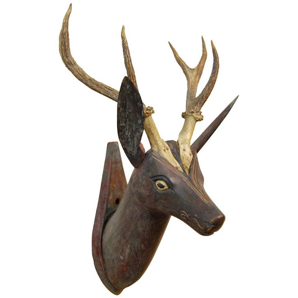 Belgian Carved Deer with Natural Antlers, 1880 For Sale