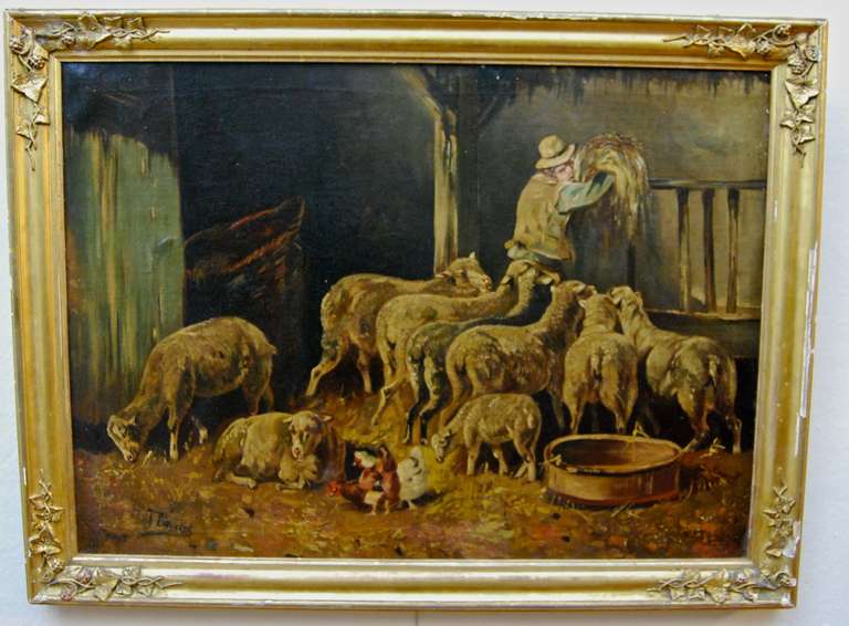 European Oil on Canvas Farm Scene, c. 1850.  Signed.