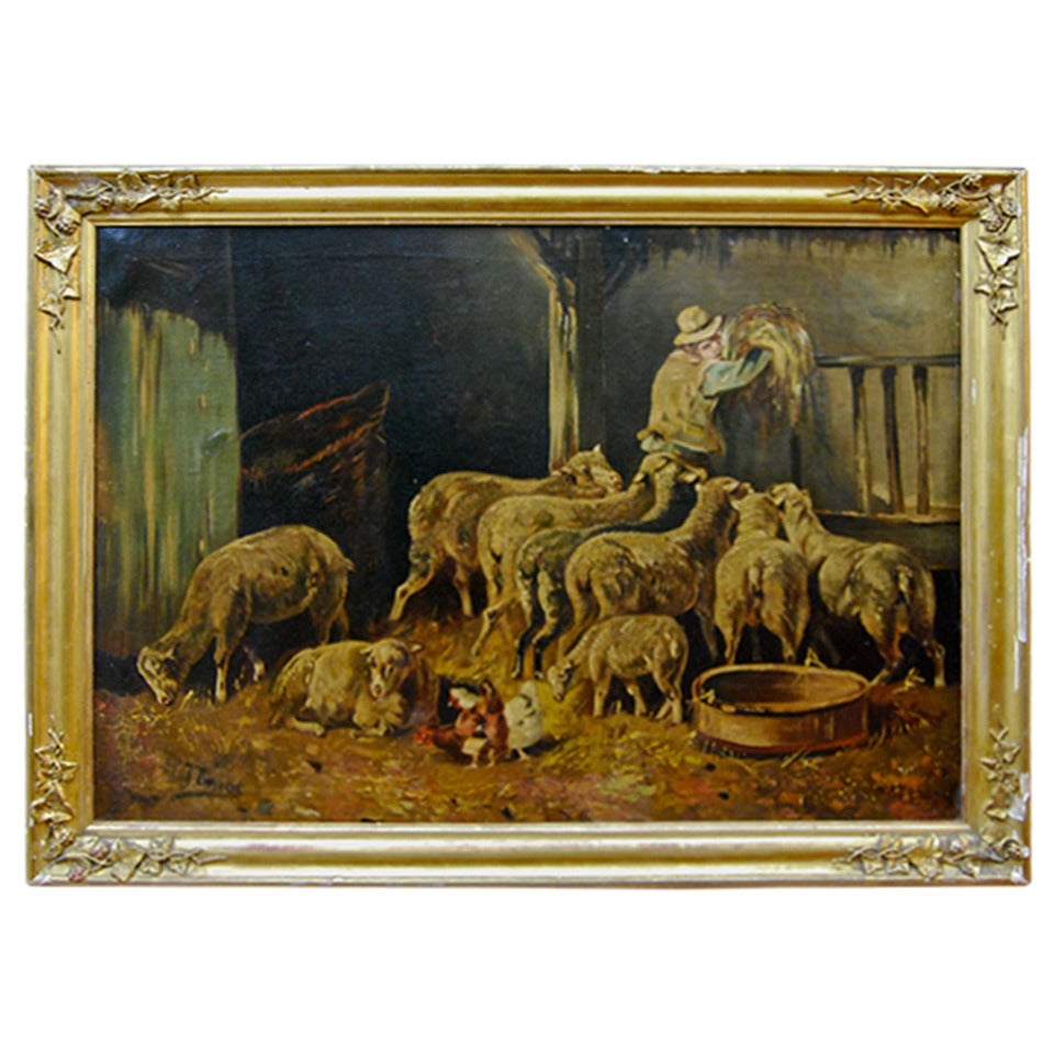 European Oil on Canvas Farm Scene, c. 1850 For Sale