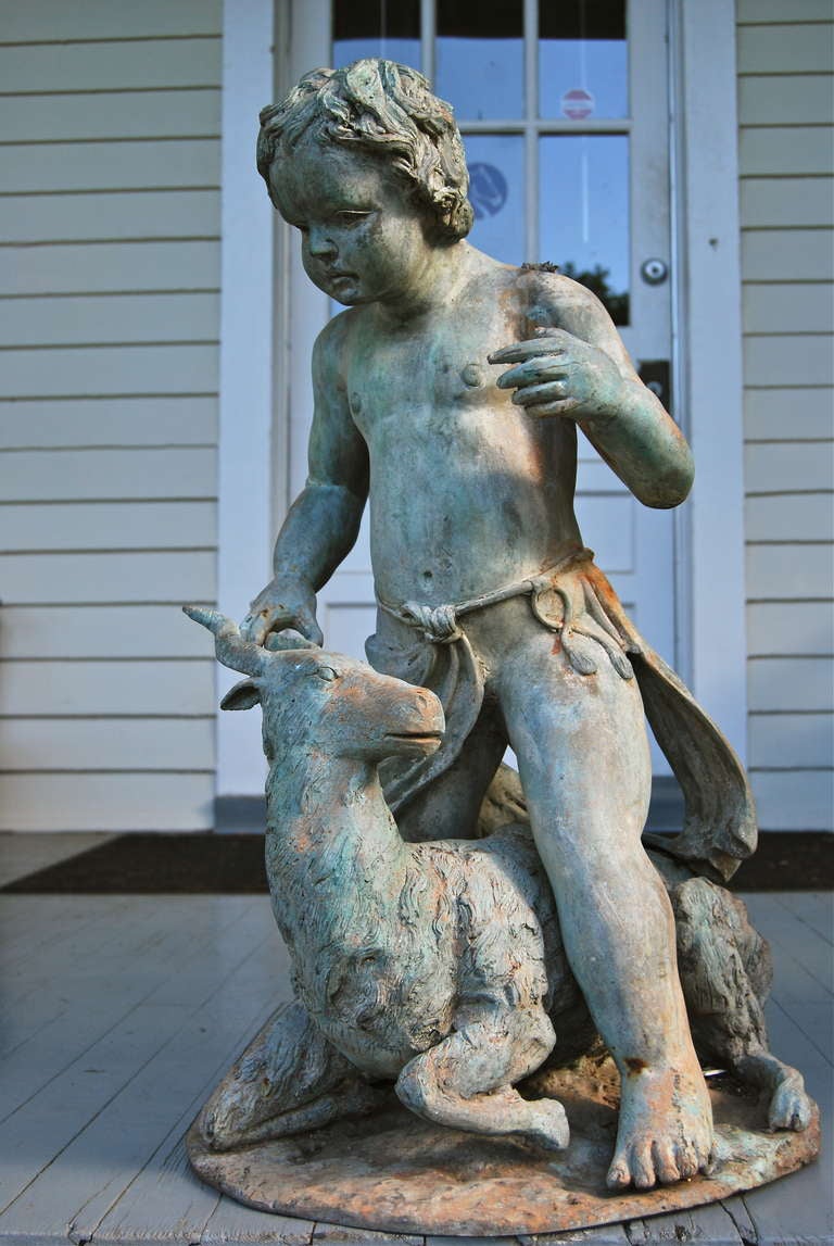 Antique Putti Cherub with Goat Garden Bronze.