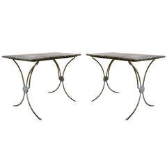 Pair of Marble Top Forged French Conservatory Garden Tables