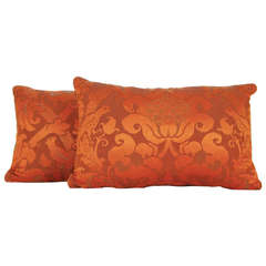 Antique Pair of French 19th Century Damask Burnt Orange Pillows