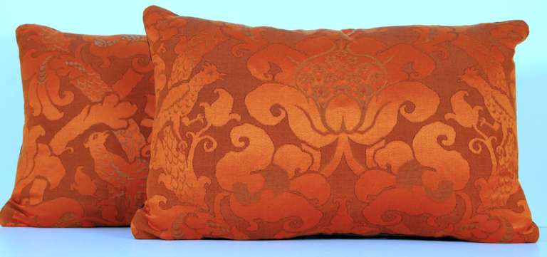 Pair of French 19th Century Damask Burnt Orange Pillows