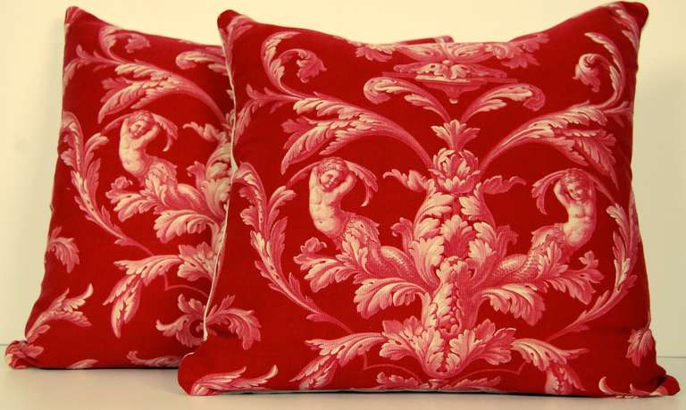 Pair French 1920s Red Cherub Pillows