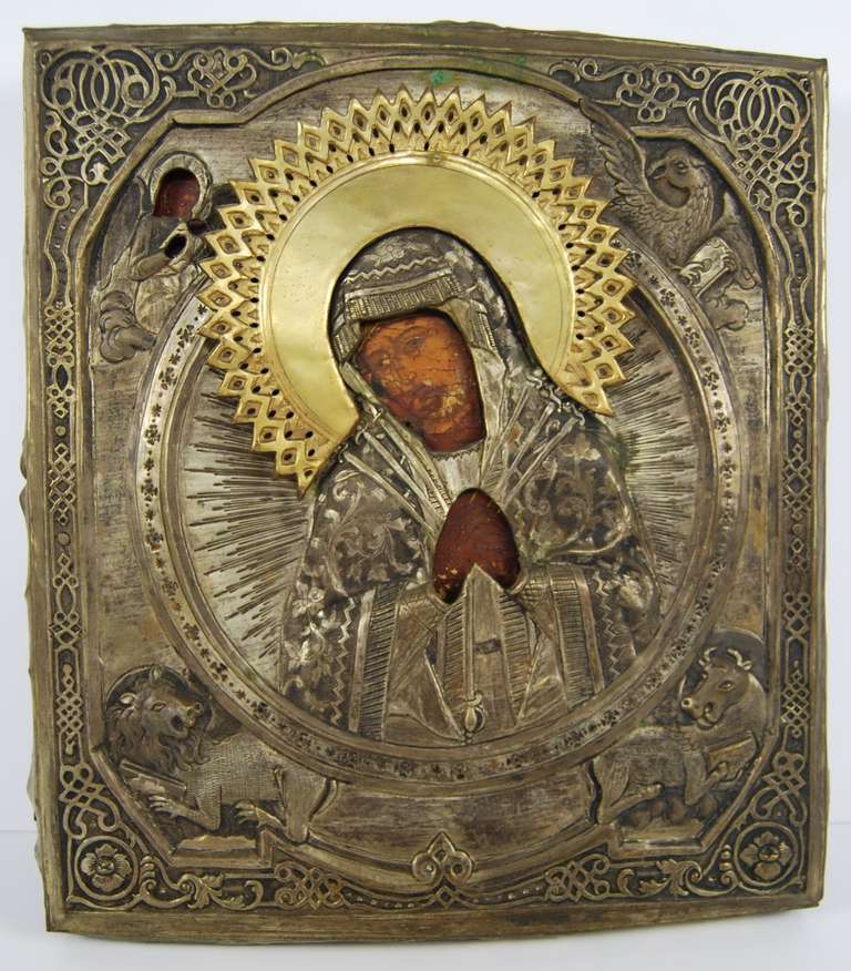 Russische Ikone der Heiligen Mutter mit Riza/Oklad, ca. 19. Jahrhundert