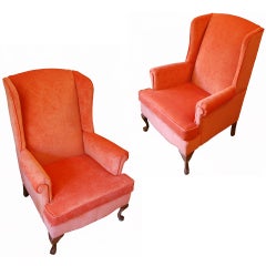 Pair of Vintage d'orange Chenille Velvet Covered Wing Back Chairs