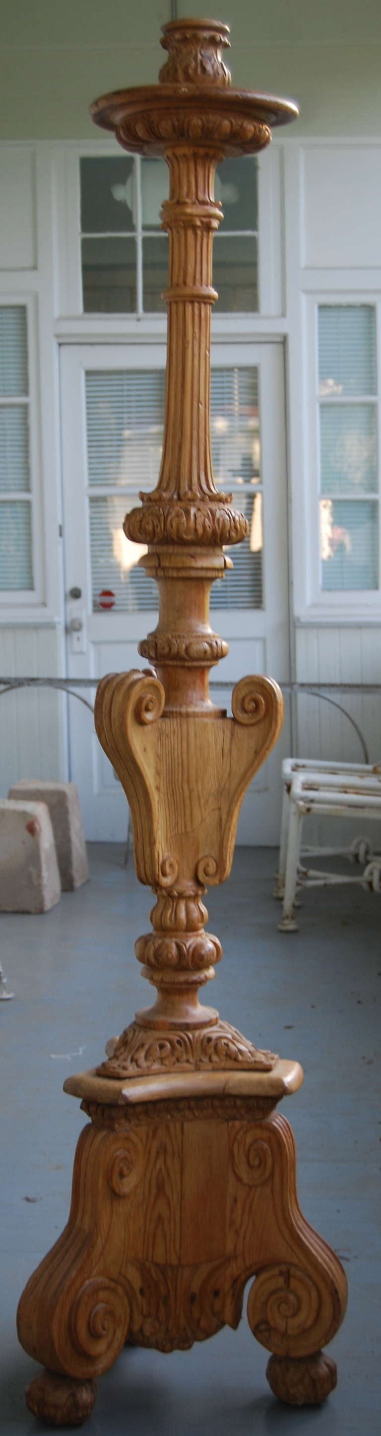 Pair Monumental Carved Torchieres