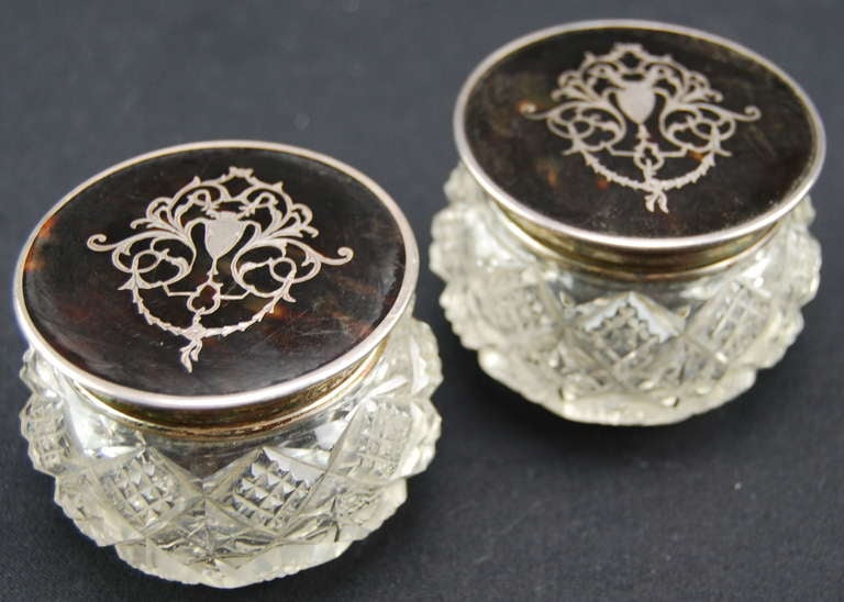 Pair Sterling, Tortoise & Cut Crystal Pique Vanity Accessory