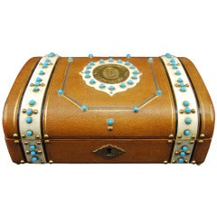 Antique Leather Ivory Turquoise Jewelry Casket