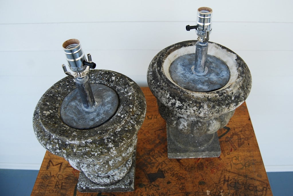 Pair of French Antique Marble Garden Urns converted to lamps. Great patina.  Pair are not exact match.