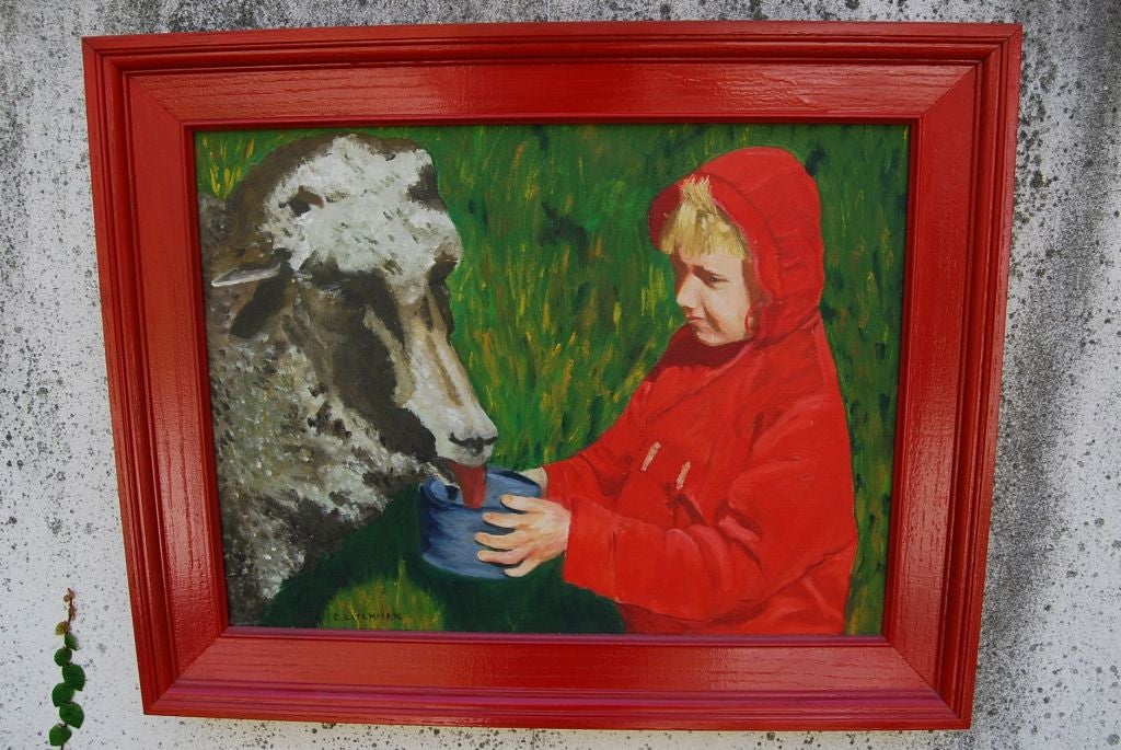 Don't forget to feed Lucille the Sheep Oil on Canvas, Signed