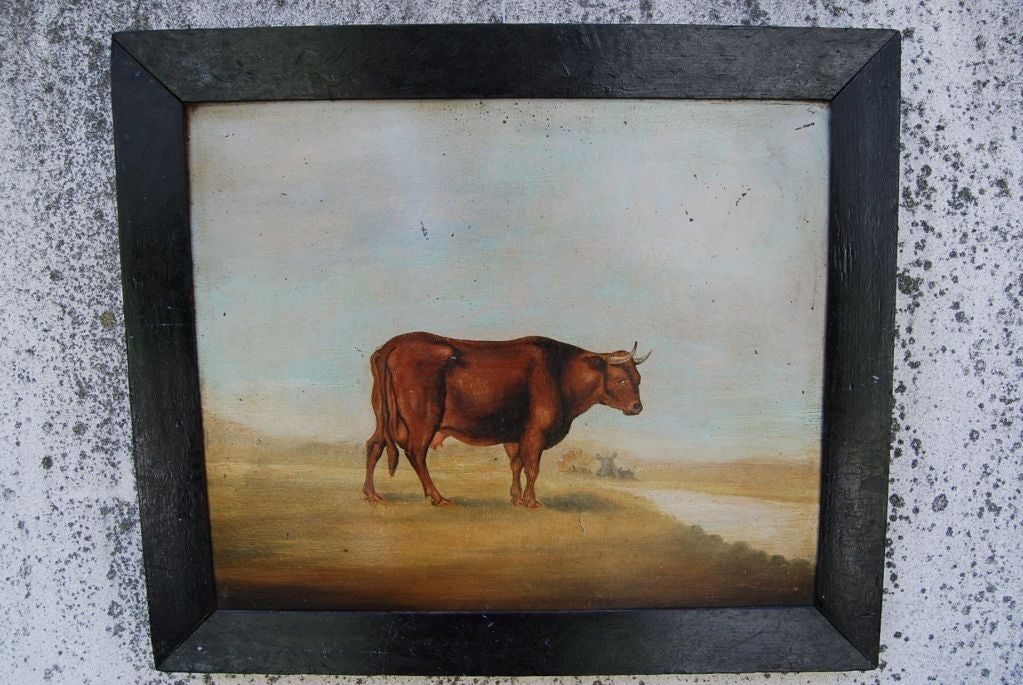 English Dated Oil on Board Painting of Lone Cow Portrait...  Moooo.... For Sale