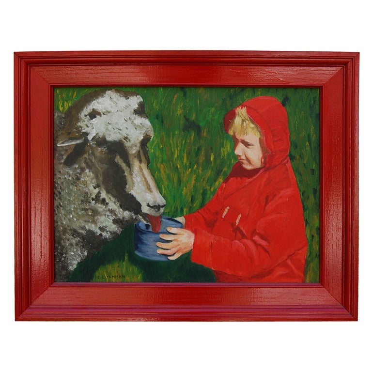 Don
t forget to feed Lucille the Sheep Oil on Canvas, Signed For Sale