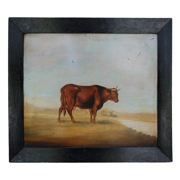 Dated Oil on Board Painting of Lone Cow Portrait...  Moooo.... For Sale