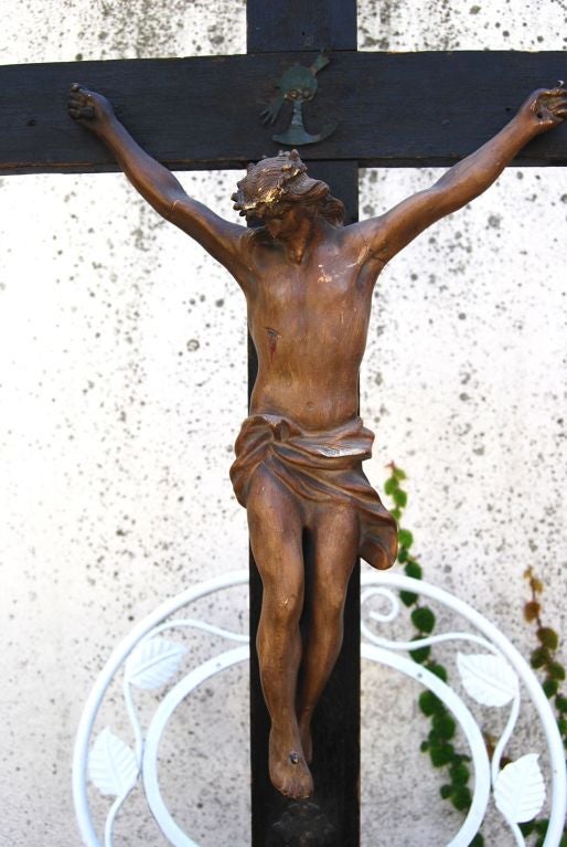 19th Century Large French Crucifix with Carved Relic For Sale