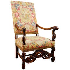 Carved Walnut Jacobean Style Needlepoint Tapestry Arm Chair 1900