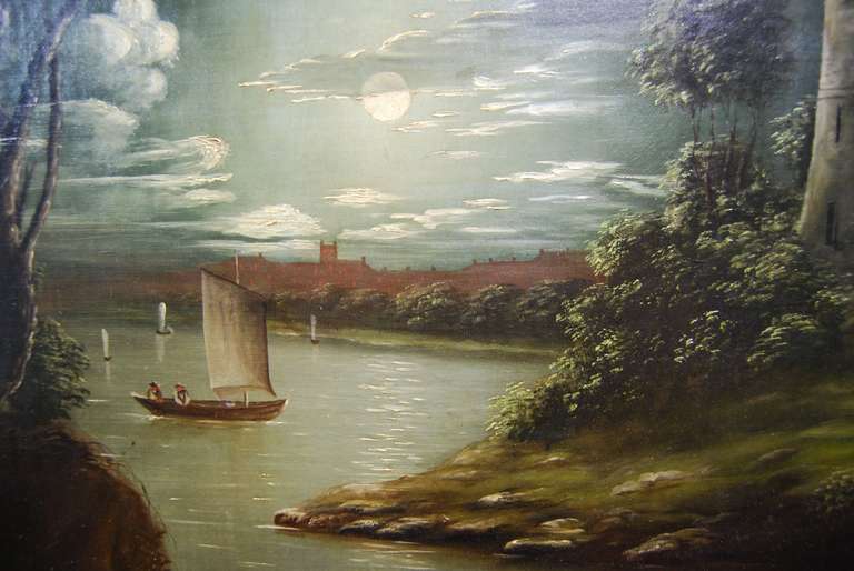 19th Century Oil on Canvas Castle Lake Scene 1850 For Sale