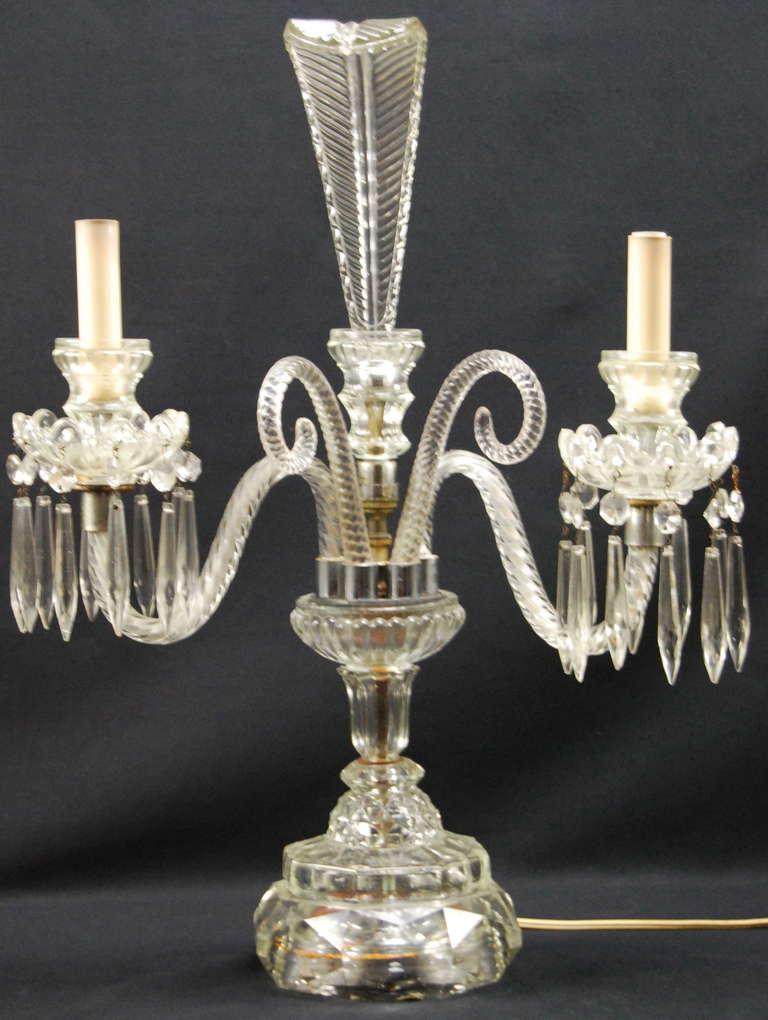 French Glass Girandole Lamp Feather Design 1920