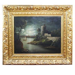 Oil on Canvas Castle Lake Scene 1850