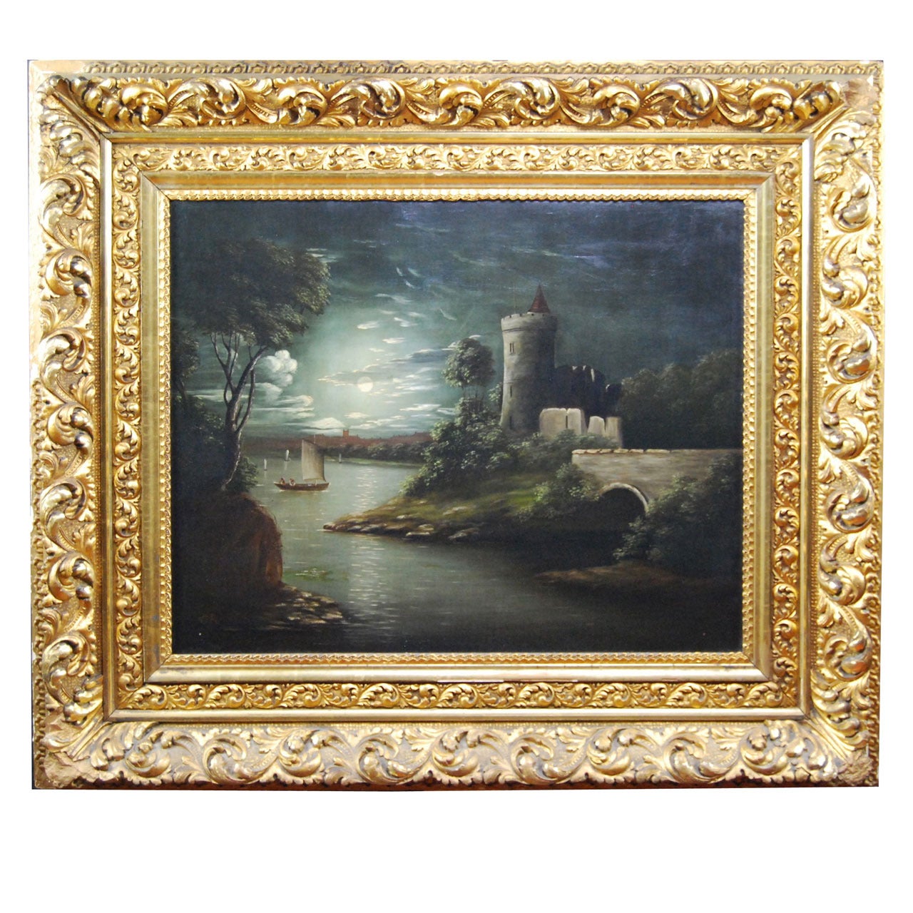Oil on Canvas Castle Lake Scene 1850 For Sale