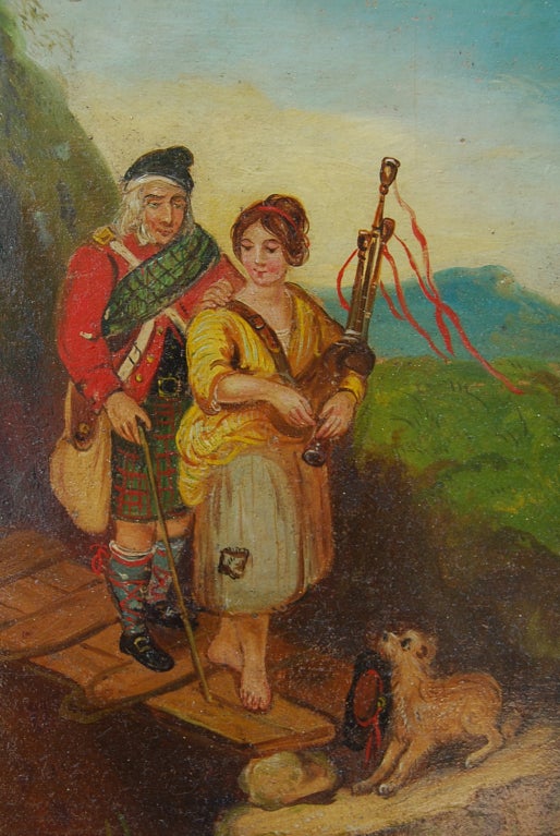 Blind Scottish Piper Oil on Board Painting c. 1870, signed