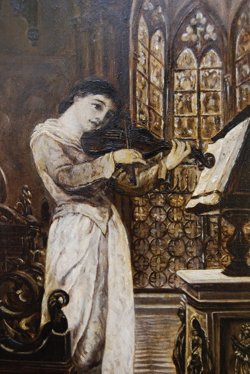 Scottish Sepia Oil on board of girl playing violin in cathedral For Sale