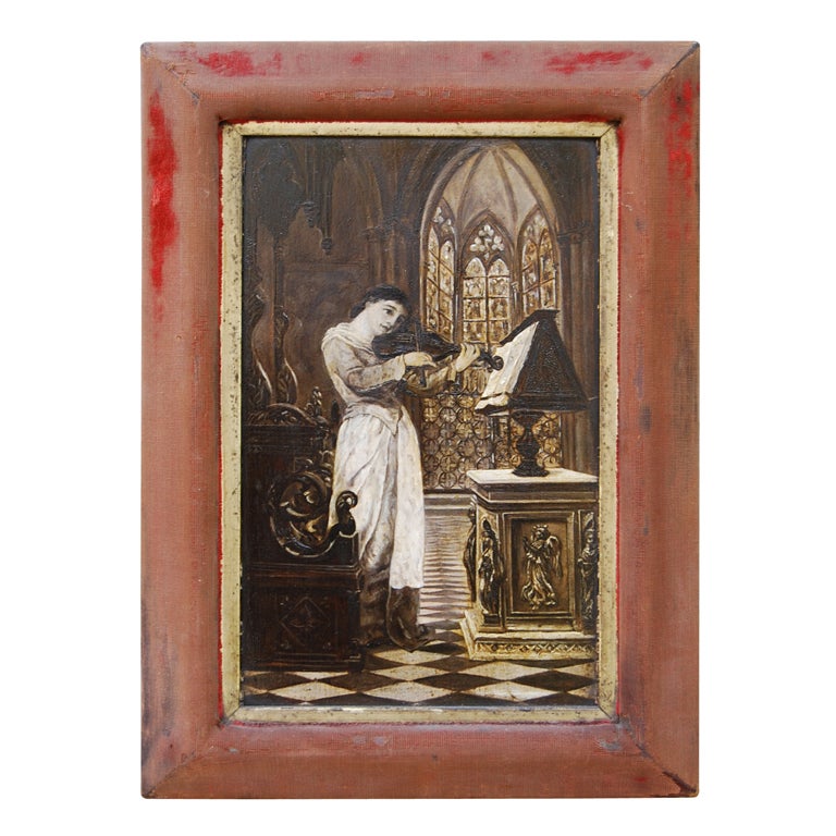 Sepia Oil on board of girl playing violin in cathedral For Sale