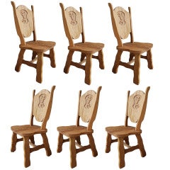Vintage Set of Six Unusual Carved Lion Pub Chairs