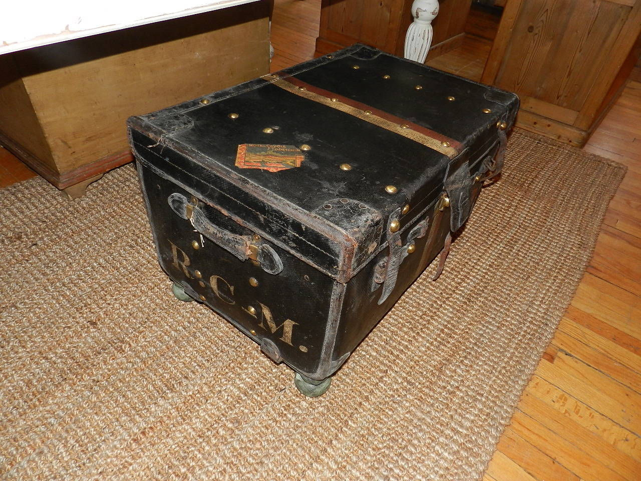 British Leather and Canvas Trunk on Stand