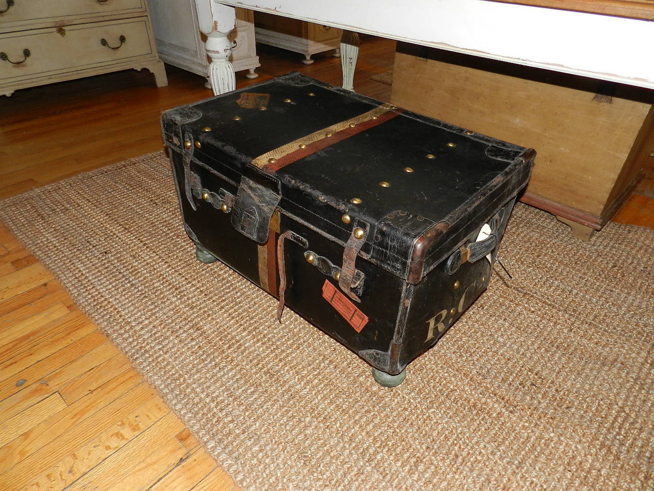 Hand-Carved Leather and Canvas Trunk on Stand