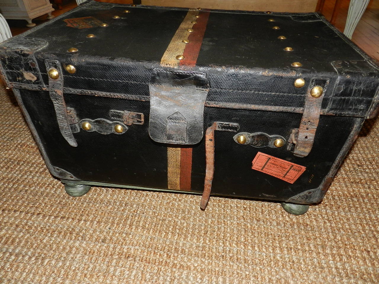 Leather and Canvas Trunk on Stand In Good Condition In Millwood, VA