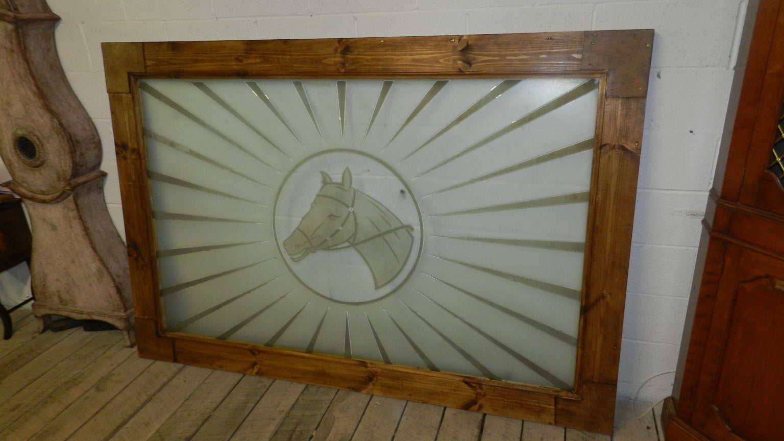 Very Large Etched Glass Equestrian Window or Table Top For Sale