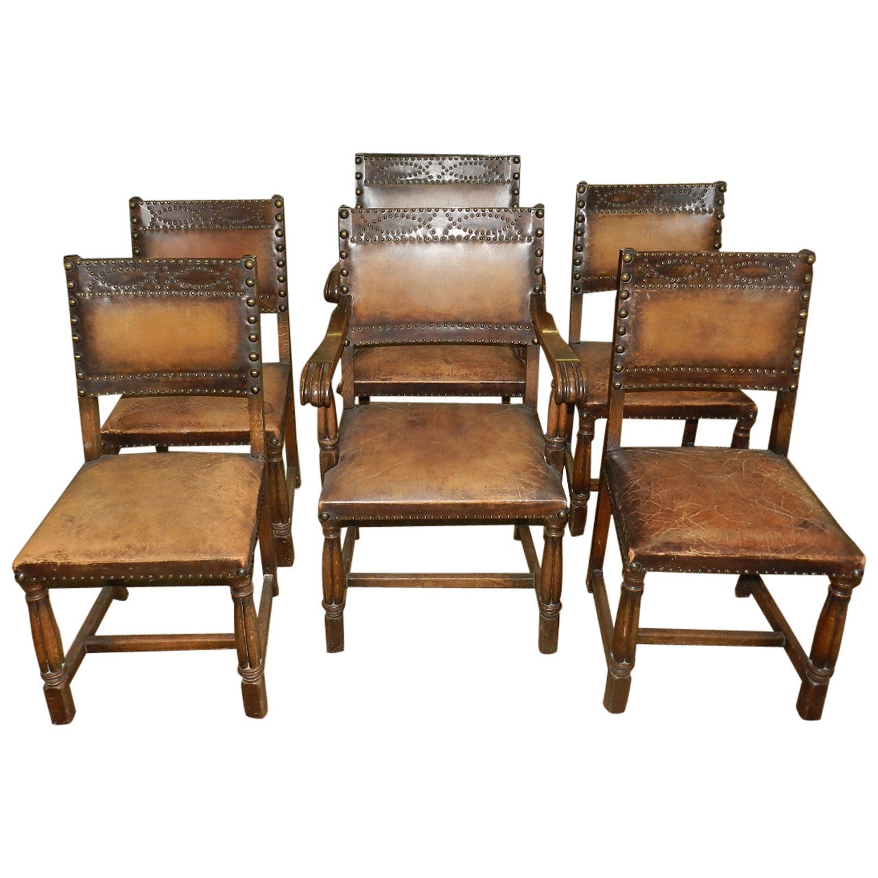 Set of Six Oak and Leather Chairs
