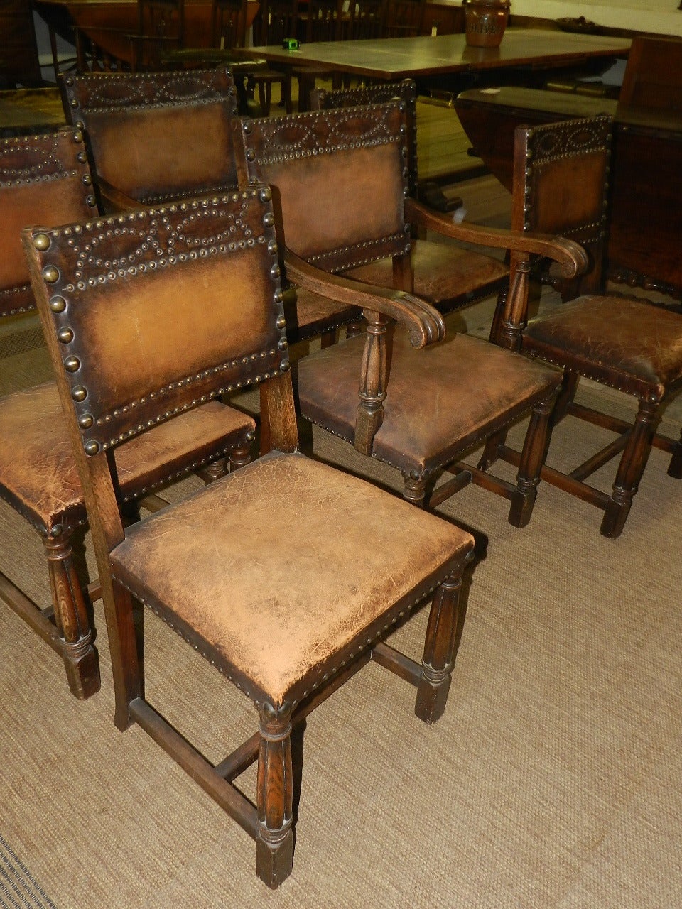Scottish Set of Six Oak and Leather Chairs