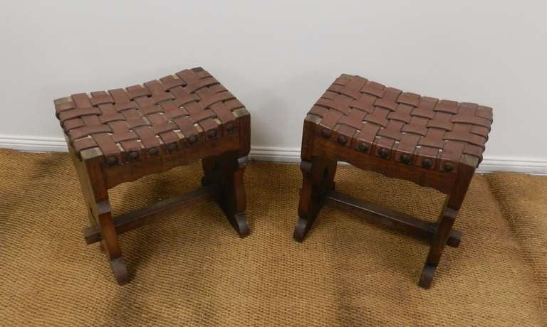Woven Leather Arts and Crafts Oak Stools