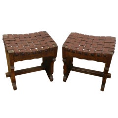 Woven Leather Arts and Crafts Oak Stools