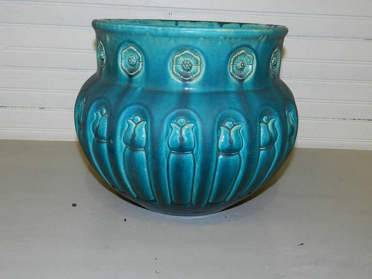 Turquoise Bretby arts and crafts pottery jardiniere with original potter's mark for Henry Tooth.