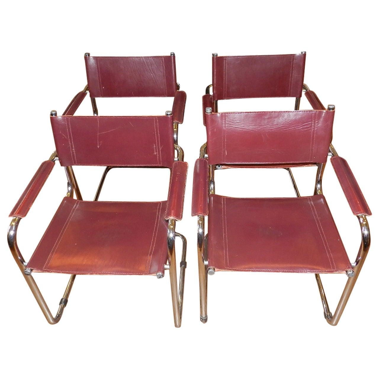 Set of Four Matteo Grassi Leather Chairs with Chrome Frames