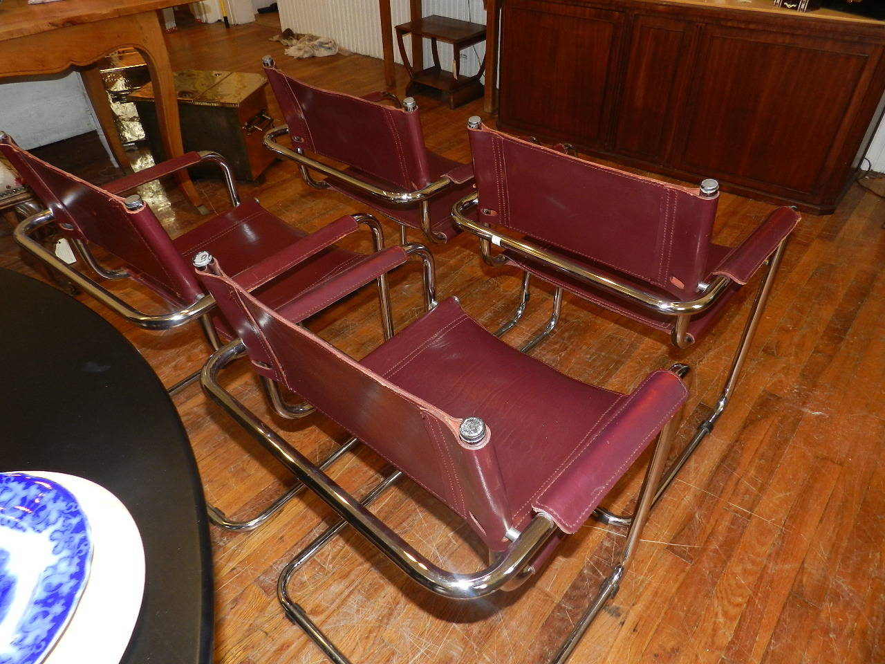 European Set of Four Matteo Grassi Leather Chairs with Chrome Frames