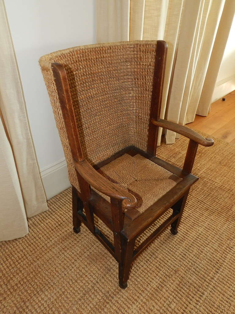 Original child's Scottish Orkney chair with hand made oak frame and oat straw back.