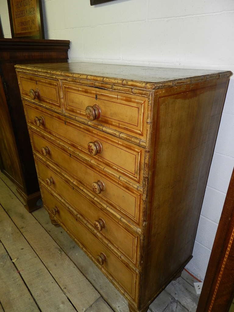 19th Century Scottish Pine Faux Bamboo Chest with Original Paint