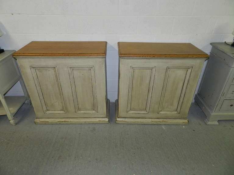 A  painted pine stand with pannelled front and sides. The top is in waxed oak